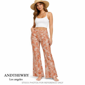 Andthewhy Floral Flare Pants Orange White Boho Festival Stretch Size S NWT